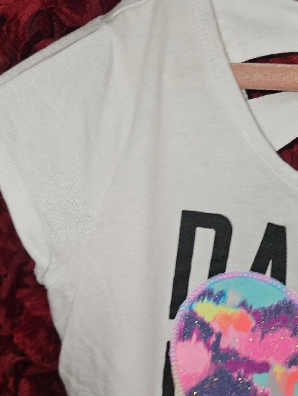 Justice White Dance Tee with Rainbow Sequin Heart Criss Cross Back Size 10